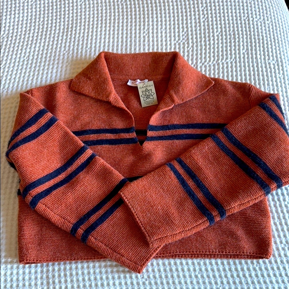 Butter Melon Blue and Orange V-Neck Sweater with Stripes